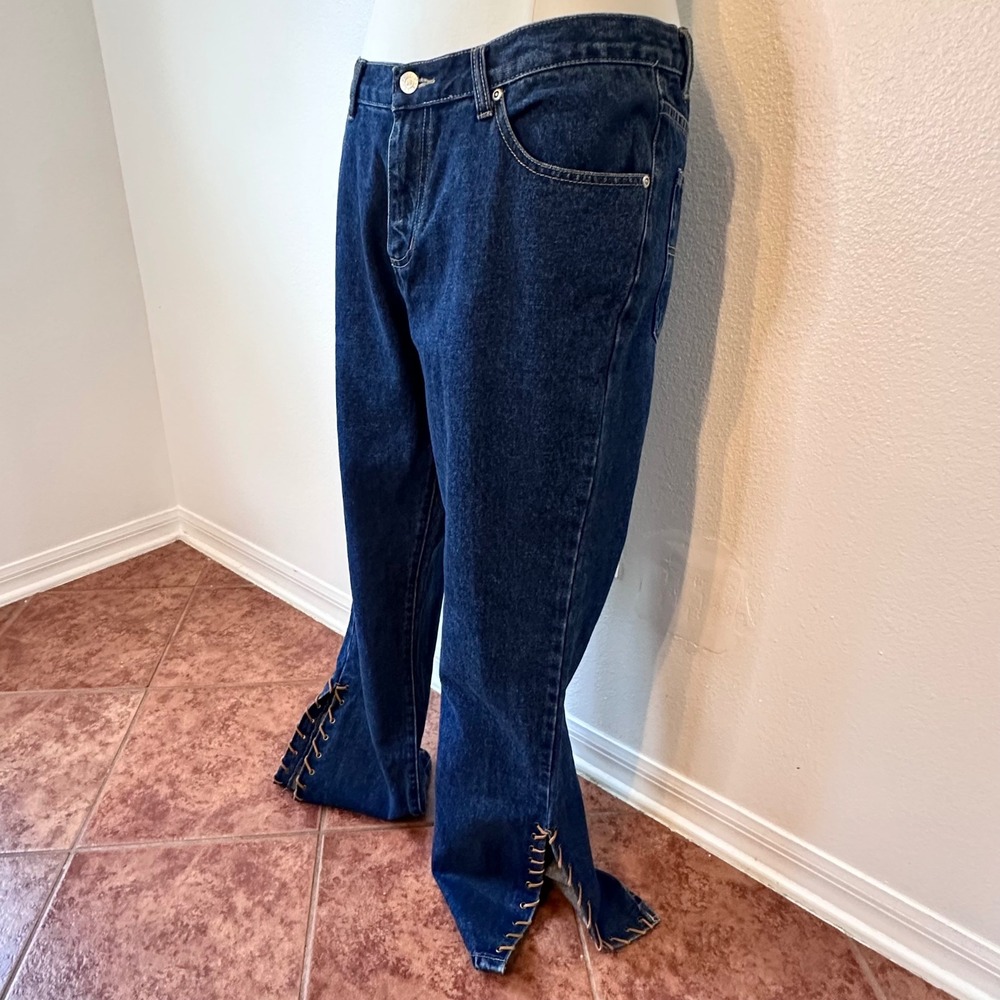 VTG Western Cowgirl Rodeo Y2K Festival Lace Hem Up Dark Wash Jeans Women 32 Blue